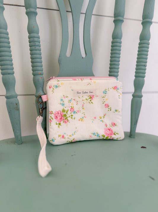 Vintage Linen Zipper Pouch Wristlet