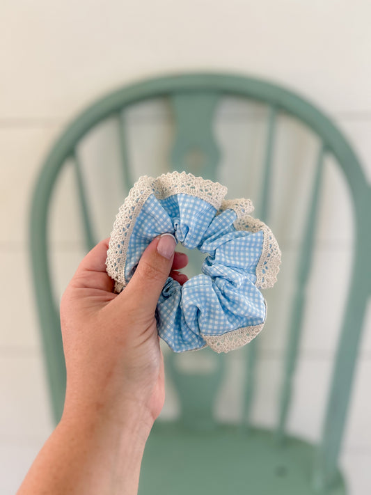 Handmade Blue Gingham Lace Scrunchie