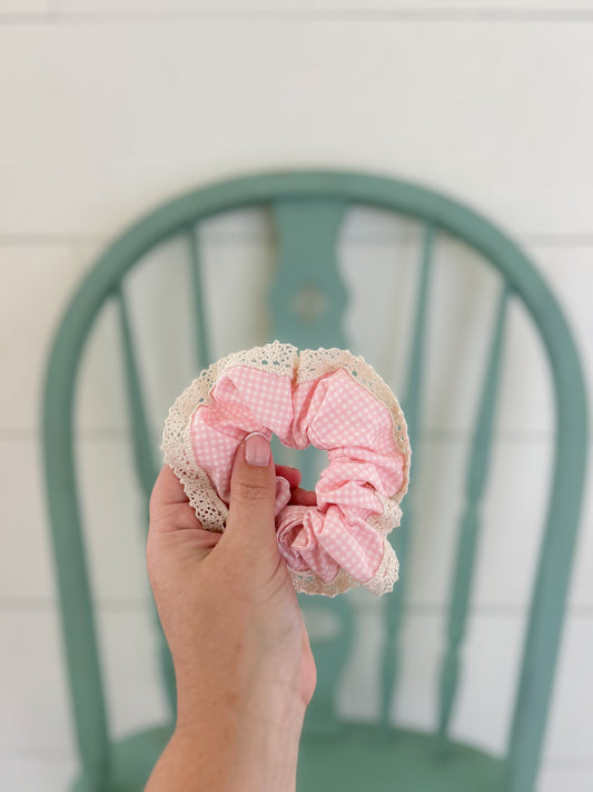 Handmade Pink Gingham Lace Scrunchie