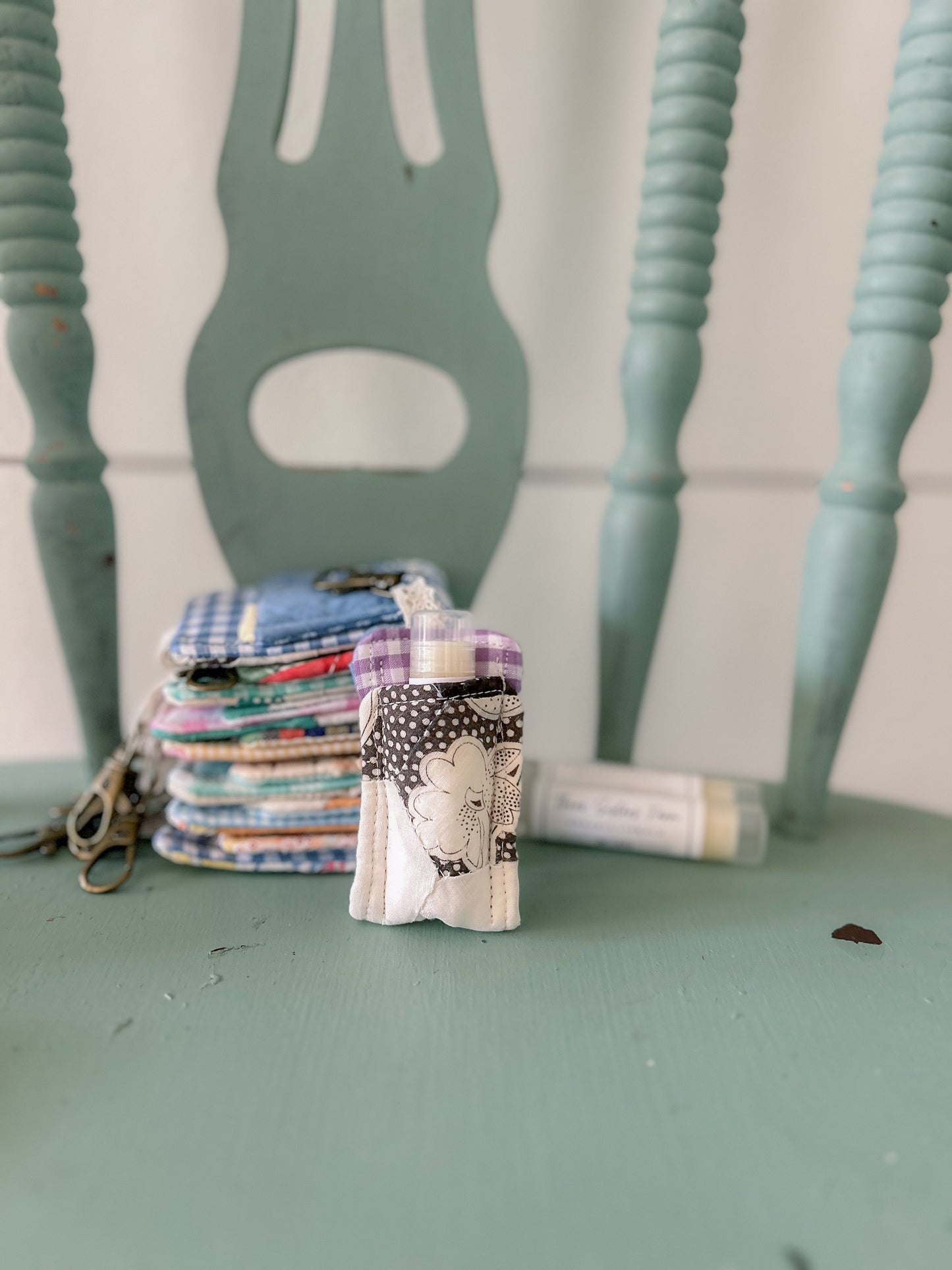 Handmade Vintage Quilt Lip Balm Holder Keychain