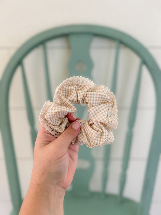 Handmade Tan Gingham Lace Scrunchie